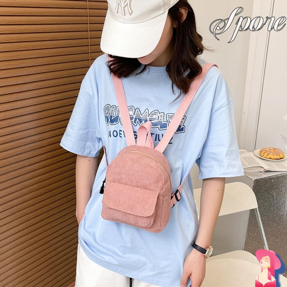 SPORE กระเป๋าเป้สะพายหลัง Dacron น้ำหนักเบา สีทึบ Corduroy สำหรับนักเรียนหญิง​