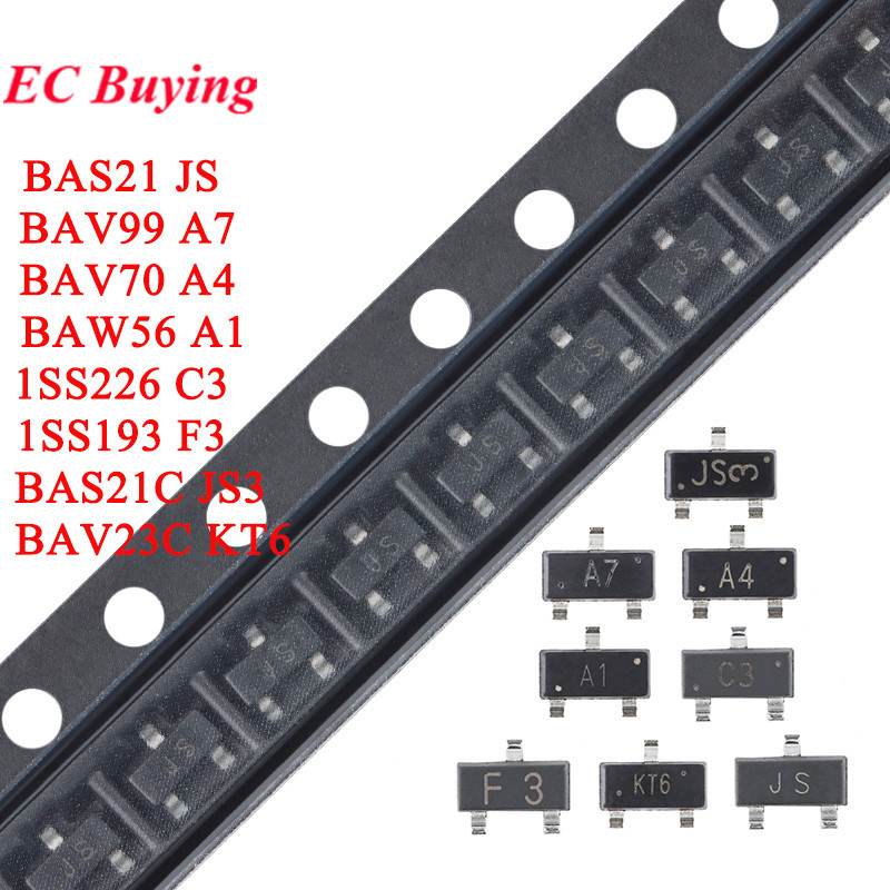 100 ชิ้น/ล็อต BAW56 A1 BAV70 A4 BAV99 A7 BAV23C KT6 BAS21C JS3 BAS21 JS 1SS226 C3 1SS193 F3-23 SMD ส