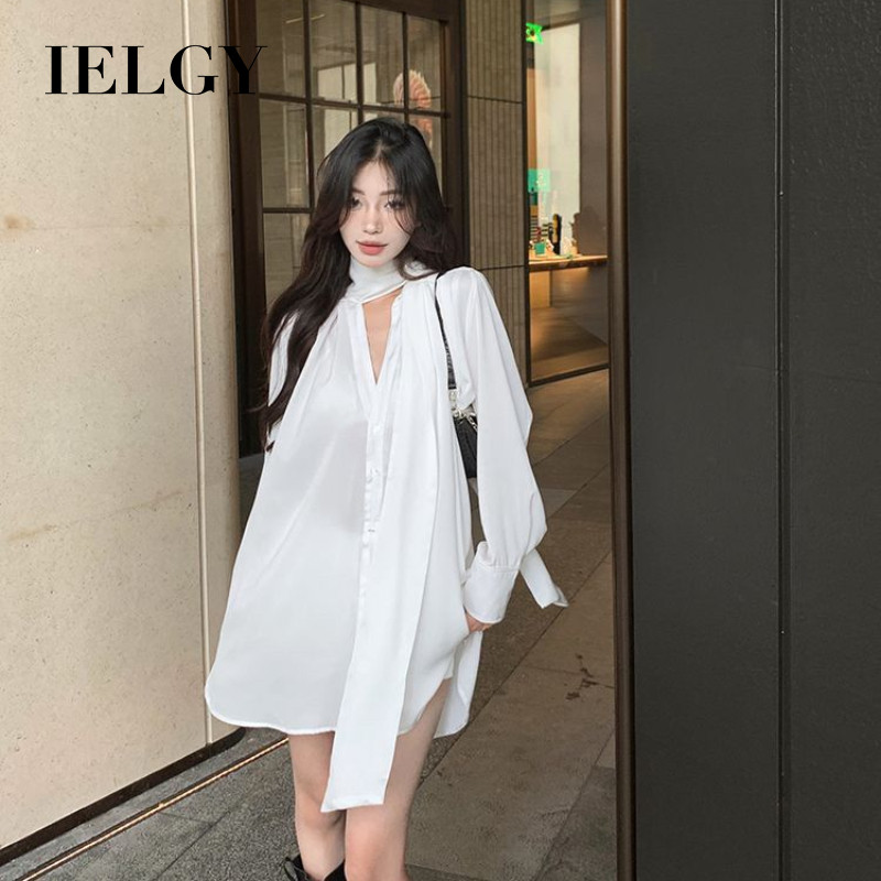 IELGY Temperamental เสื้อคอวีพร้อมริบบิ้นสําหรับผู้หญิงเสื้อผ้าชีฟองทรงหลวม