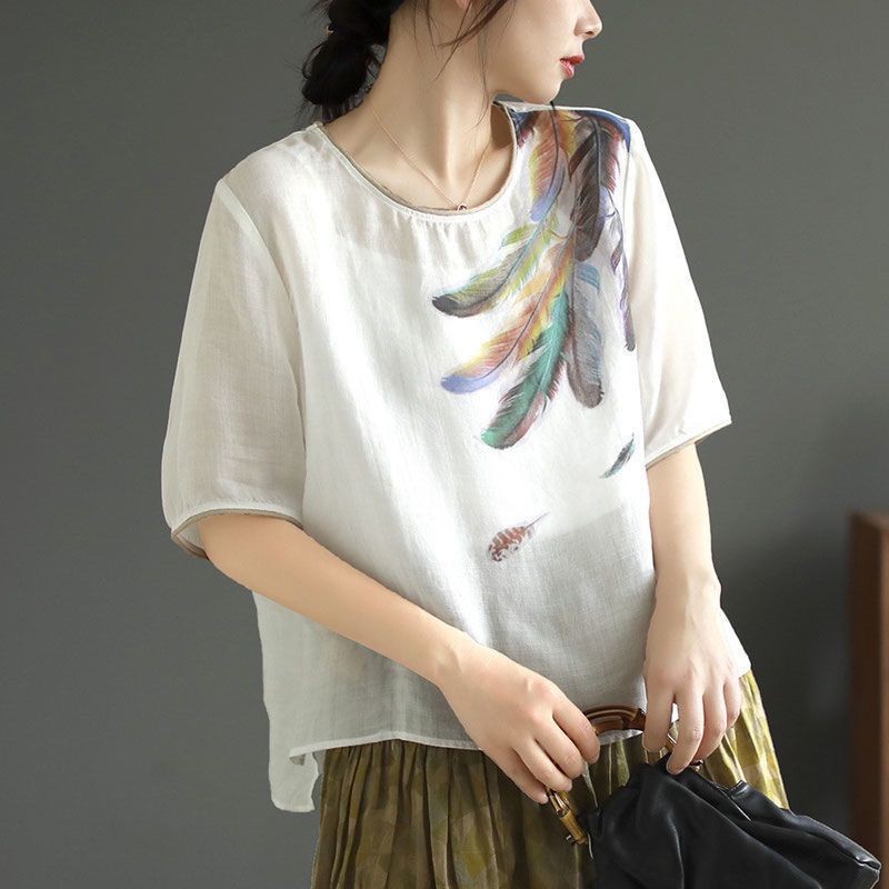 เสื้อเชิ้ตสตรีทรงสูงแบบบางใส่แล้วดูผอมทรงหลวมและสง่างามพิมพ์ลายแนวอาร์ตวินเทจแบบใหม่ฤดูร้อน