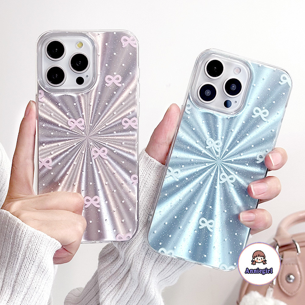 เกาหลี Bowknot Silver Aurora เคสโทรศัพท์สําหรับ IPhone 11 14 15 Pro MAX 15plus 12 13 Promax XS MAX XR 8 7 Plus กันน้ําป้องกันสิ่งสกปรก Hard TPU โทรศัพท์ปกหลัง