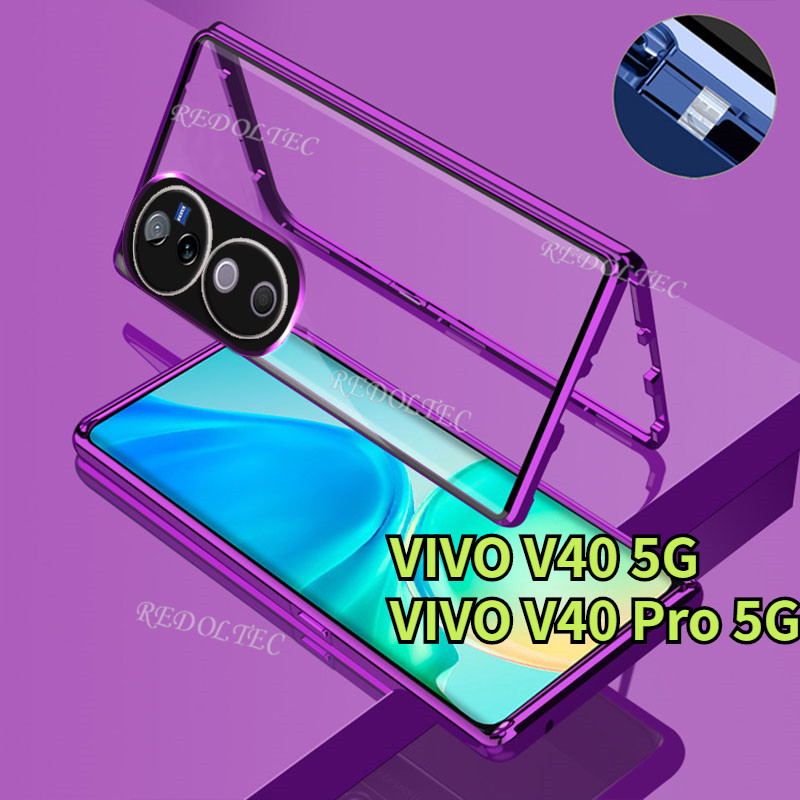 Vivo V40 V40 Pro 5G ปลอก 360 ป้องกันเลนส์แม่เหล็กโลหะกรณี VIVOV40 Pro VIVOV40Pro 5G สองด้านด้านหน้ากลับกระจก Full Body ฝาครอบโทรศัพท์พร้อมล็อคหัวเข็มขัด