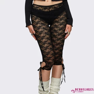 Demonlores- ผู้หญิงลูกไม้ Capri กางเกง Casual Bandage Cutout กางเกงขาสั้นยืดหยุ่นซีทรู