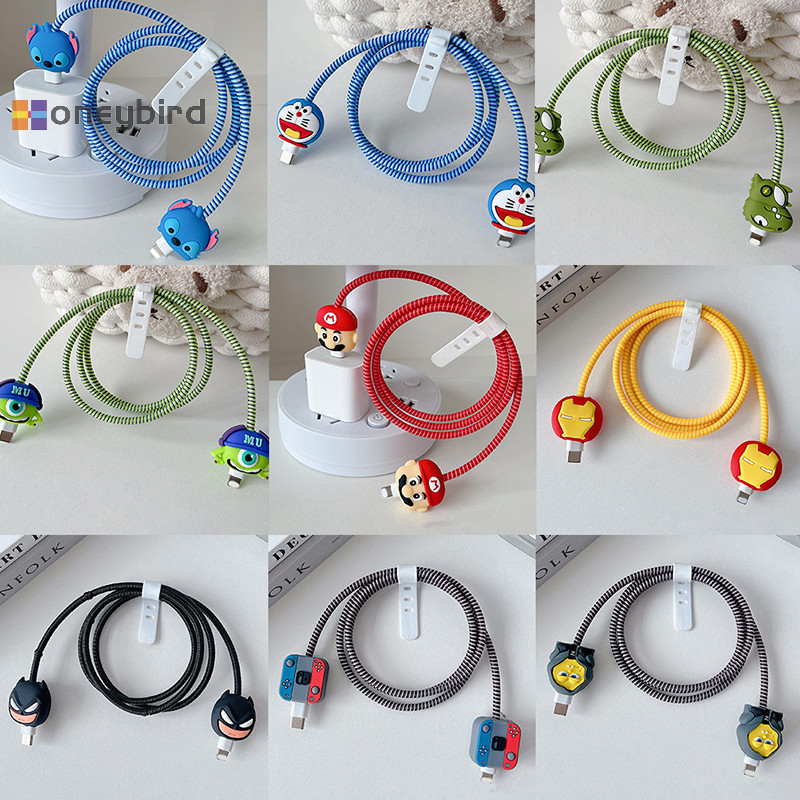 Honeybird 4 ชิ้น/เซ็ตการ์ตูน Mickey Melody กัดสายเคเบิลข้อมูลป้องกันกรณีข้อมูล Line Winder ป้องกันสาย Winder ชุดสําหรับ IPhone Samsung Nice