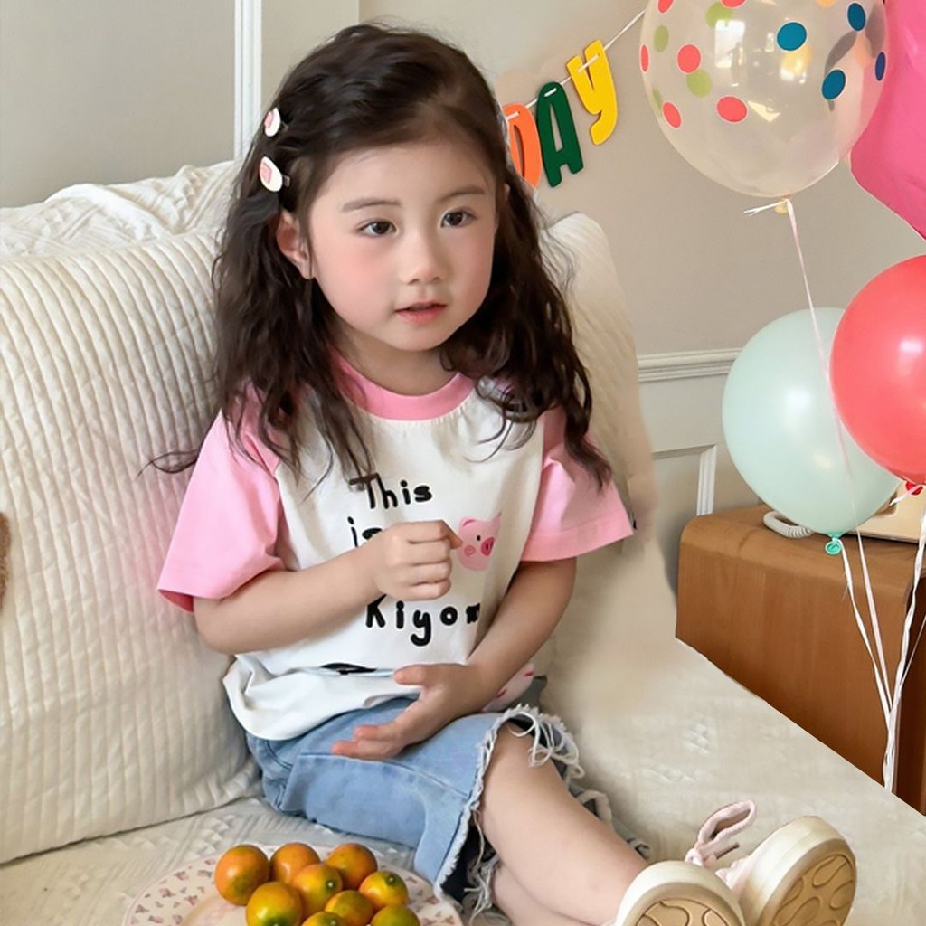 [HY] 80-130 เด็กผู้หญิงน่ารักการ์ตูนแขนสั้นเสื้อยืดลําลองหลวมบางครึ่งแขนเสื้อสีชมพู All-Match T @-