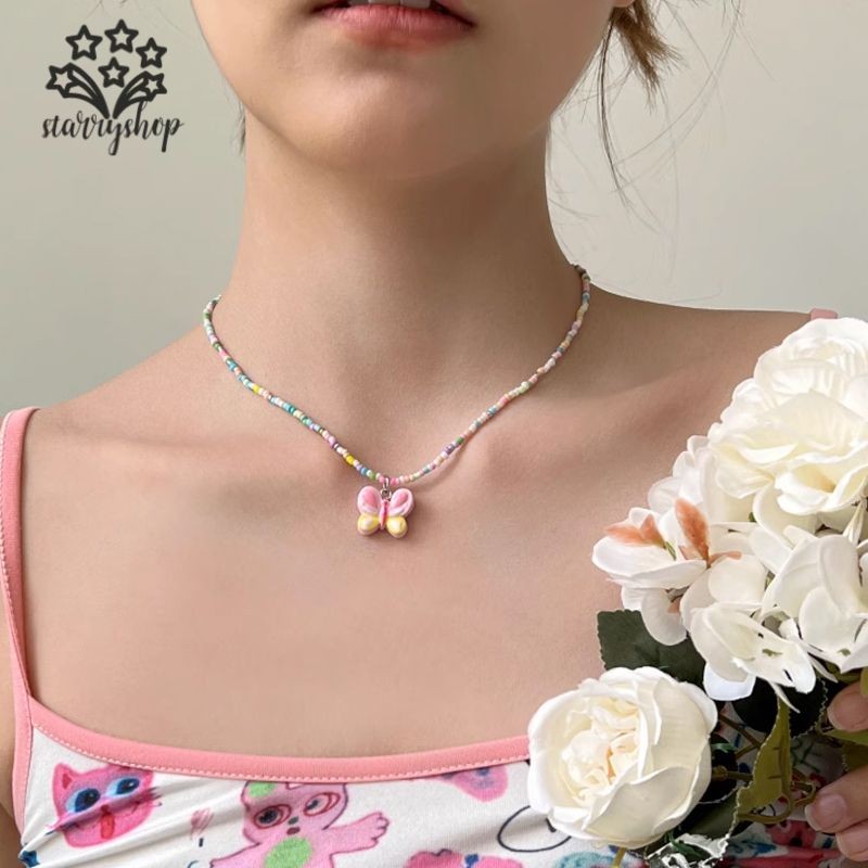 starryshopMillennium Y2k Spice Girl Beaded Necklace Advanced Sense Dopamine Butterfly Necklace