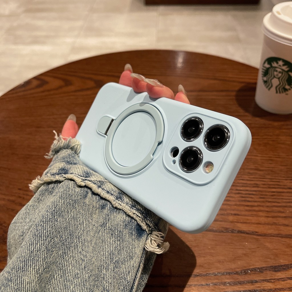 สีทึบ ขาตั้งแม่เหล็กเหลว เคสโทรศัพท์ซิลิโคนสําหรับ ไอโฟน16 15 14 13 12 11 มือโปร สูงสุด ปลอกกันกระแทกป้องกันกล้อง ฝาหลังนิ่ม