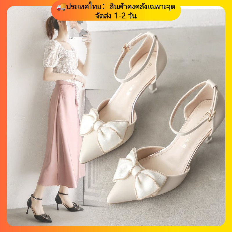 2.75 นิ้ว รองเท้าส้นสูง สําหรับผู้หญิง (7 ซม.)รองเท้าส้นสูง หัวแหลม ประดับโบว์น่ารัก เหมาะกับงานแต่งงาน สําหรับผู้หญิง