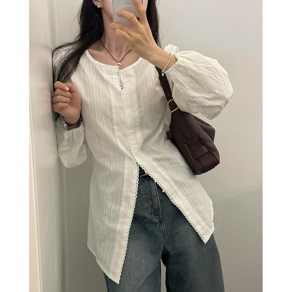 ซูซี เกาหลีเก๋กระดุมแถวเดียวลูกไม้ลาย ผ้าแจ็คการ์ด เสื้อแขนยาวผู้หญิงเสื้อ 240916