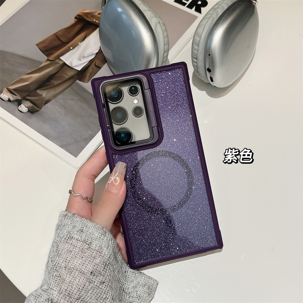 Luxury Glitter Biling เลนส์ขาตั้งเคสโทรศัพท์แม่เหล็กสําหรับ Samsung Galaxy S24 Ultra S23 Ultra Plus S23FE ปลอกกล้องแก้วคลุมทั้งหมดป้องกันฟิล์ม Matte Hard เคสกันกระแทก