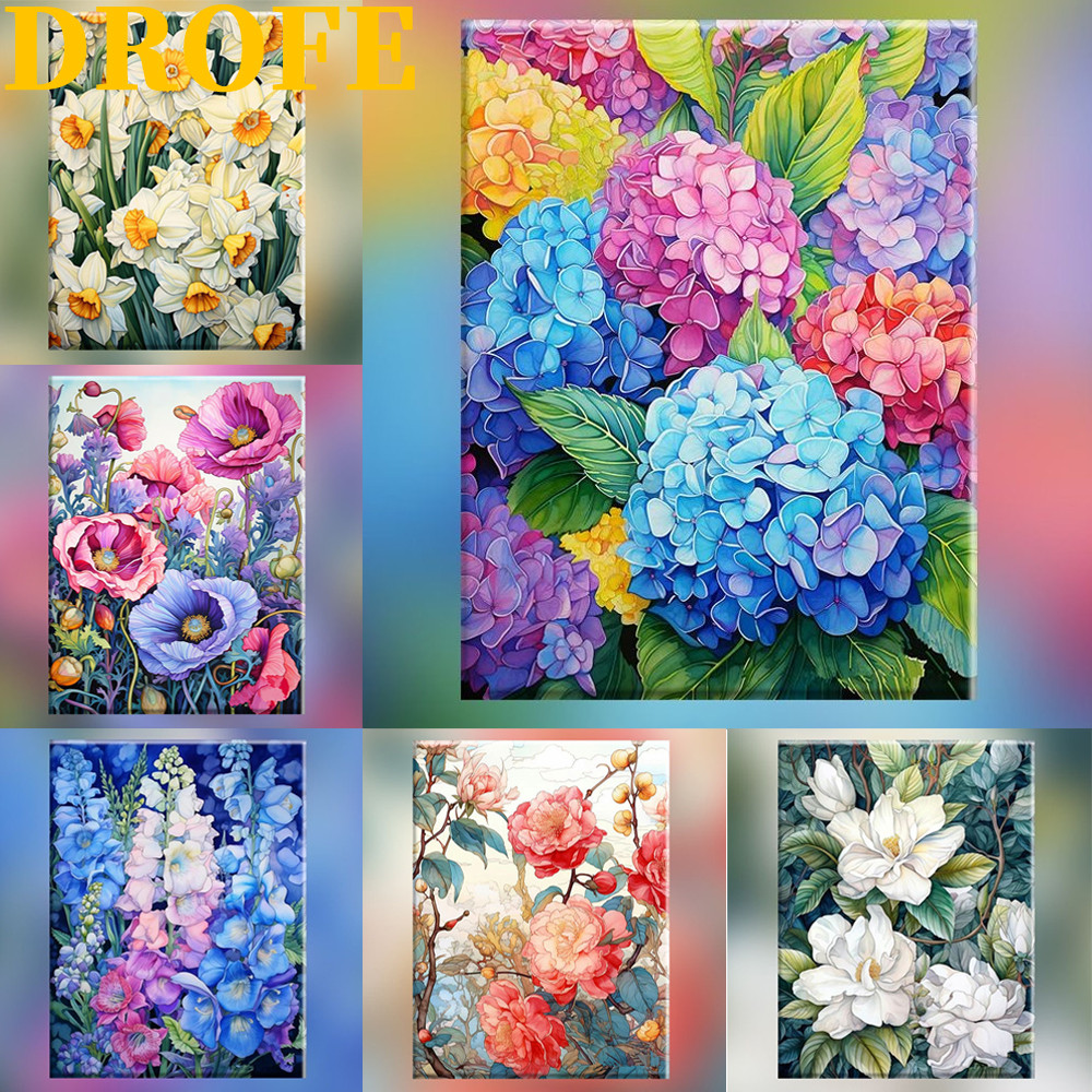 Drofe,ระบายสีตามตัวเลขมีกรอบ,ดอกไฮเดรนเยีย,paint by number,ศิลปะ,ชุดระบายสี,สมุดระบายสีรูปภาพ,ของแต่งห้อง