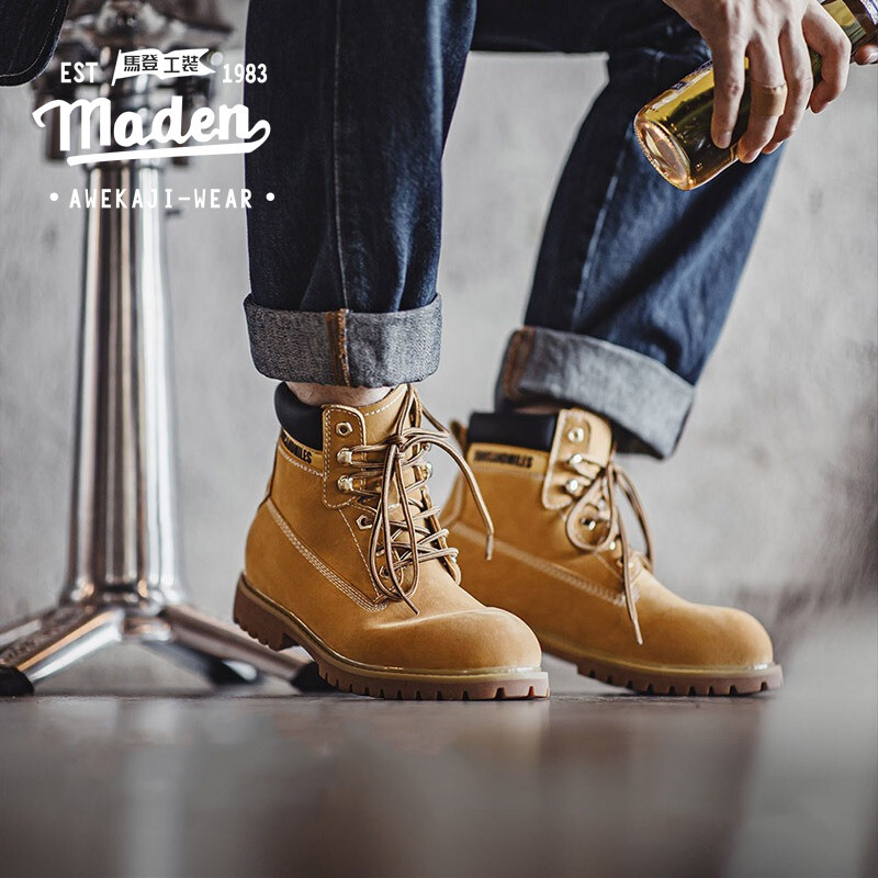 MADENอาหาร ยี่ห้อ ชุดทํางาน สไตล์ผู้ชายเยาวชน2024ฤดูใบไม้ร่วงใหม่สไตล์อเมริกันใหญ่สีเหลืองรองเท้าผู้ชายสบายๆกลางด้านบนมาร์ตินรองเท้าเดินป่ากลางแจ้งรองเท้าทํางา