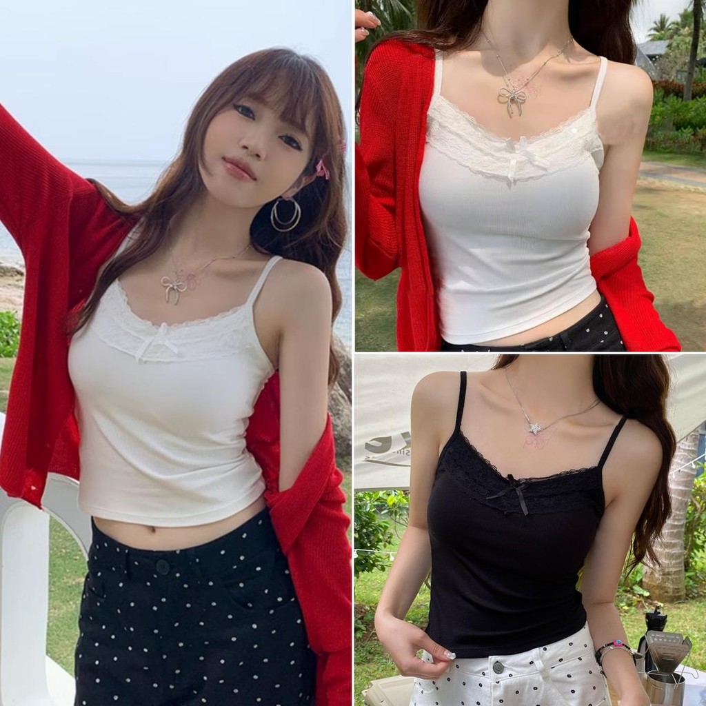 cherryshop พร้อมส่ง เสื้อกล้ามผู้หญิง สายเดี่ยวเซ็กซี่ เสื้อแขนกุดแฟชั่น น่ารัก ดีไซน์ลูกไม้ แต่งโบว์