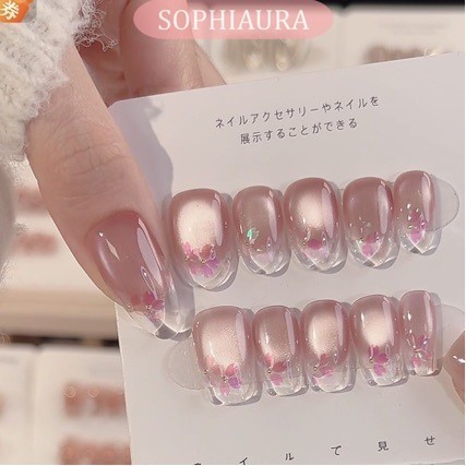 [กาวฟรี]เล็บปลอมแฮนด์เมดซากุระสีชมพูแมวตาออมเบรออกแบบสั้นสี่เหลี่ยมคางหมูอัลมอนด์สั้นรูปไข่หรูหรานํามาใช้ใหม่นาโทรเล็บปลอมที่ทําด้วยมือกดบนเล็บกานดา