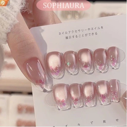 [กาวฟรี]เล็บปลอมแฮนด์เมดซากุระสีชมพูแมวตาออมเบรออกแบบสั้นสี่เหลี่ยมคางหมูอัลมอนด์สั้นรูปไข่หรูหรานํามาใช้ใหม่นาโทรเล็บปลอมที่ทําด้วยมือกดบนเล็บกานดา