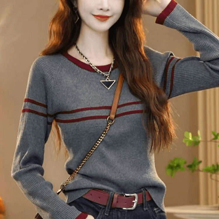 เสื้อไหมพรมเย็บลายทางสำหรับผู้หญิงเสื้อสเวตเตอร์เข้ารูปแขนยาวใส่แล้วดูผอมแบบใหม่ฤดูใบไม้ร่วงเสื้อตัวใน