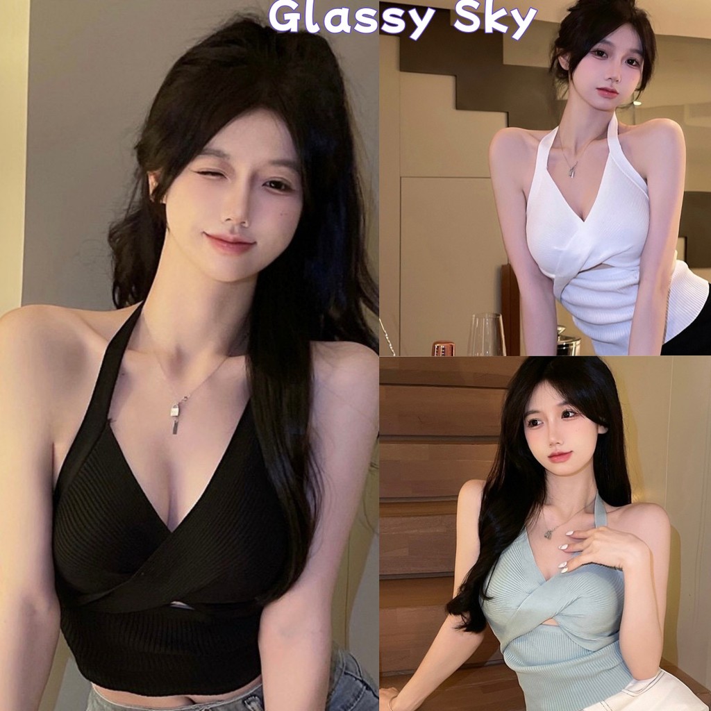 Glassy Sky พร้อมส่ง 3สี เสื้อครอปไหมพรมสายพันคล้องคอ สไตล์ลำลอง สีพื้น เบสิก รัดรูปหุ่นสับเซ็กซี่มากต้องมี (C549) -N