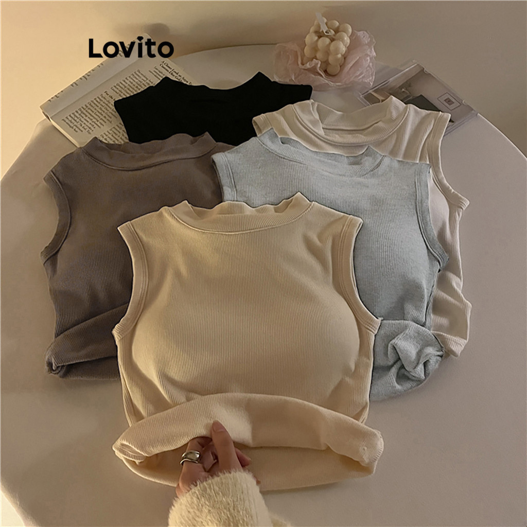 Lovito เสื้อแขนกุดผู้หญิง คอกลม สีพื้น สไตล์ลำลอง LNE34039 (น้ำตาล/เทาเข้ม/ขาว/ดำ)