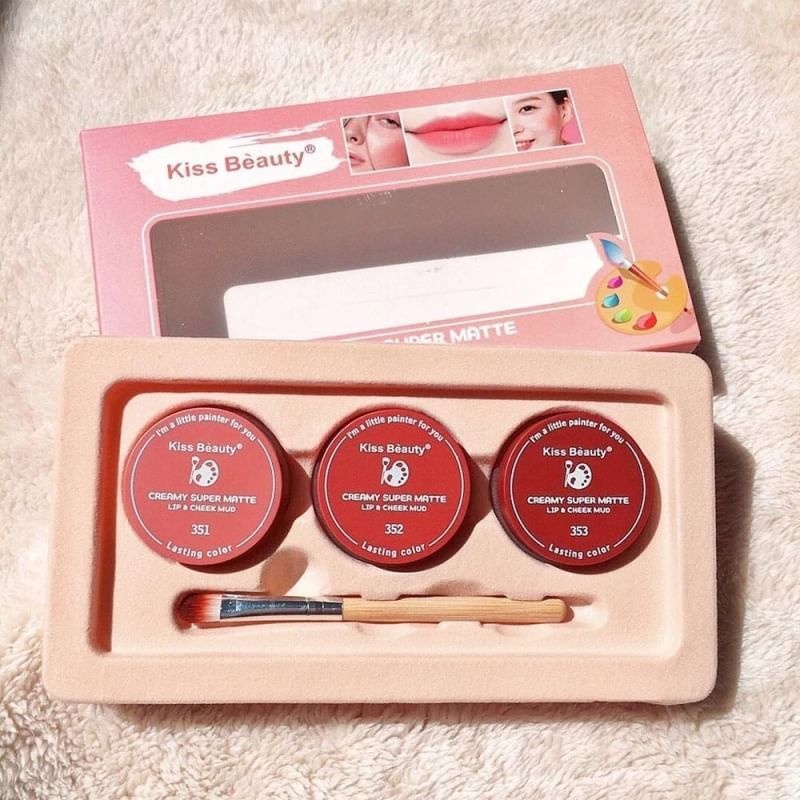 ลิปเซ็ท 3 สี Kiss beauty Lip and cheek MUD สวย ติดทนนานมากๆ ทาตา แก้ม ปาก 3 in 1 89949-03