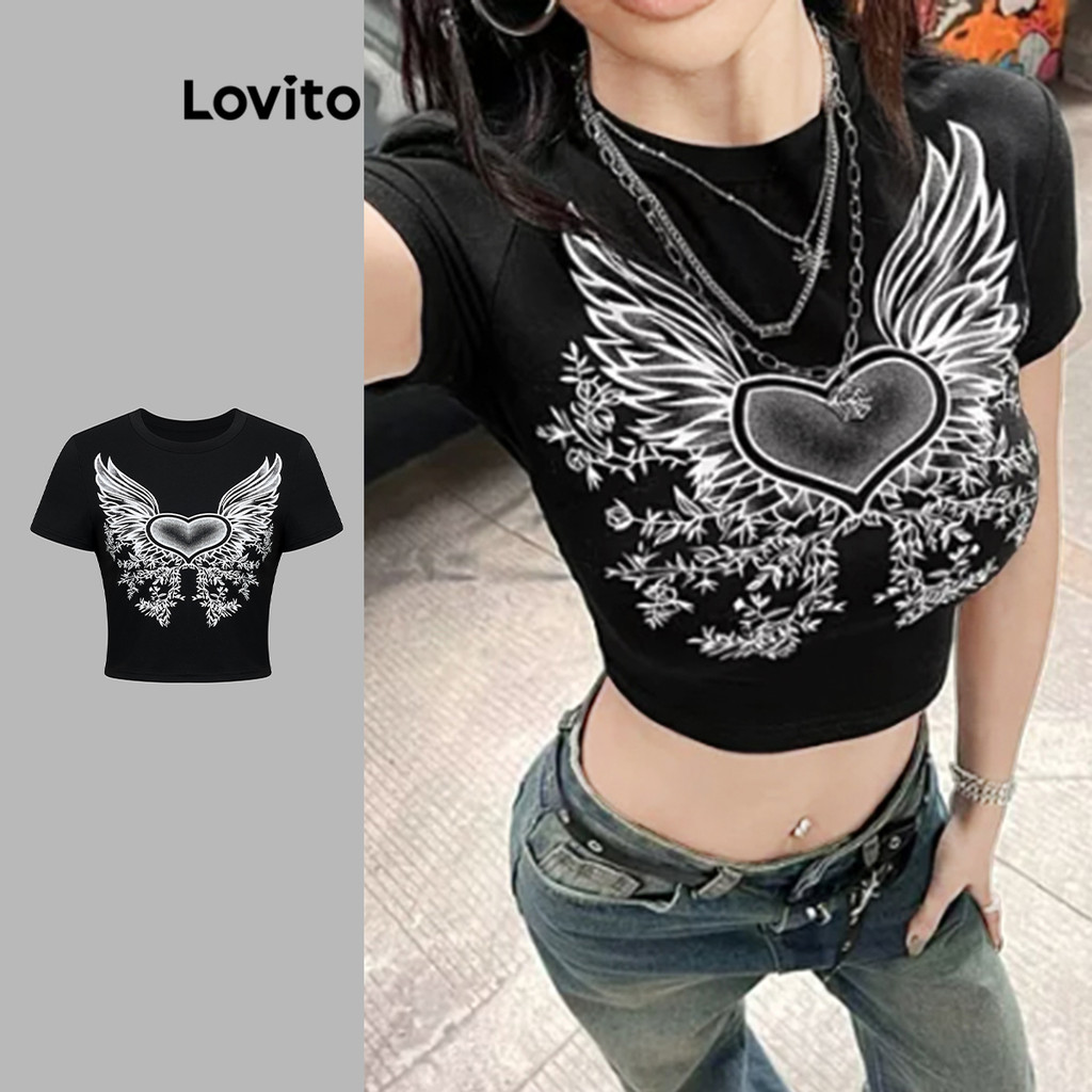Lovito เสื้อยืดลายผีเสื้อลำลองสำหรับผู้หญิง L104ED259