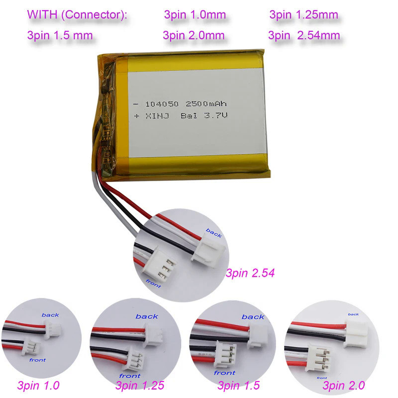 3.7V 2500mAh 9.25Wh Polymer Lipo Battery 104050 Thermistor 3 Cables JST 3Pin Connector For GPS Camer