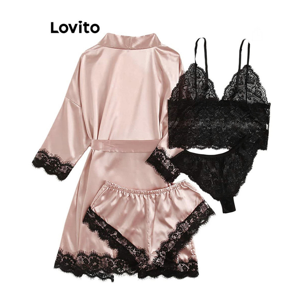 Lovito เซ็ทชุดนอนกระโปรงผู้หญิง ผูกเชือก สีพื้น สไตล์ลำลอง LNL54015