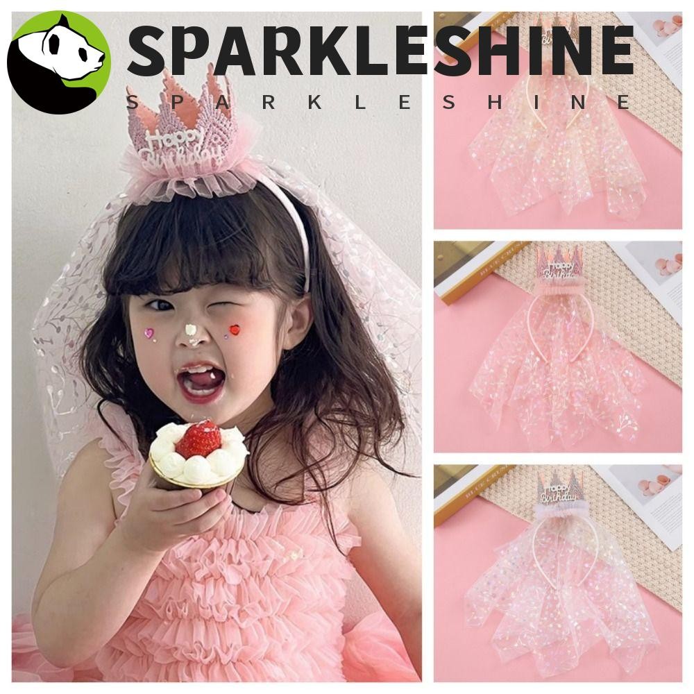 Sparkleshine Crown ที่คาดผมผ้ากอซ,เครื่องประดับผมสไตล์เกาหลีที่คาดผมสุขสันต์วันเกิด,ที่คาดผมตลกผ้าโพกศีรษะเครื่องประดับผมลูกไม้ตาข่ายห่วงผมเด็ก