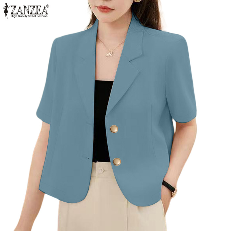 Zanzea เสื้อเบลาส์สีทึบแขนสั้นแฟชั่นเกาหลีสําหรับผู้หญิง