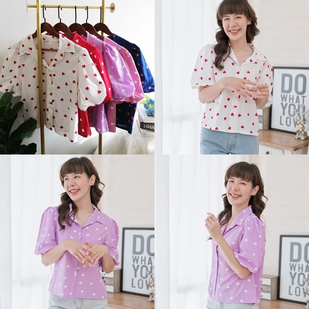 เสื้อเชิ้ตคอปกแขนสั้นทรงบอลลูน ลายดอกไม้ ลายทาง ลายกราฟฟิก WS85 thumbnail 8