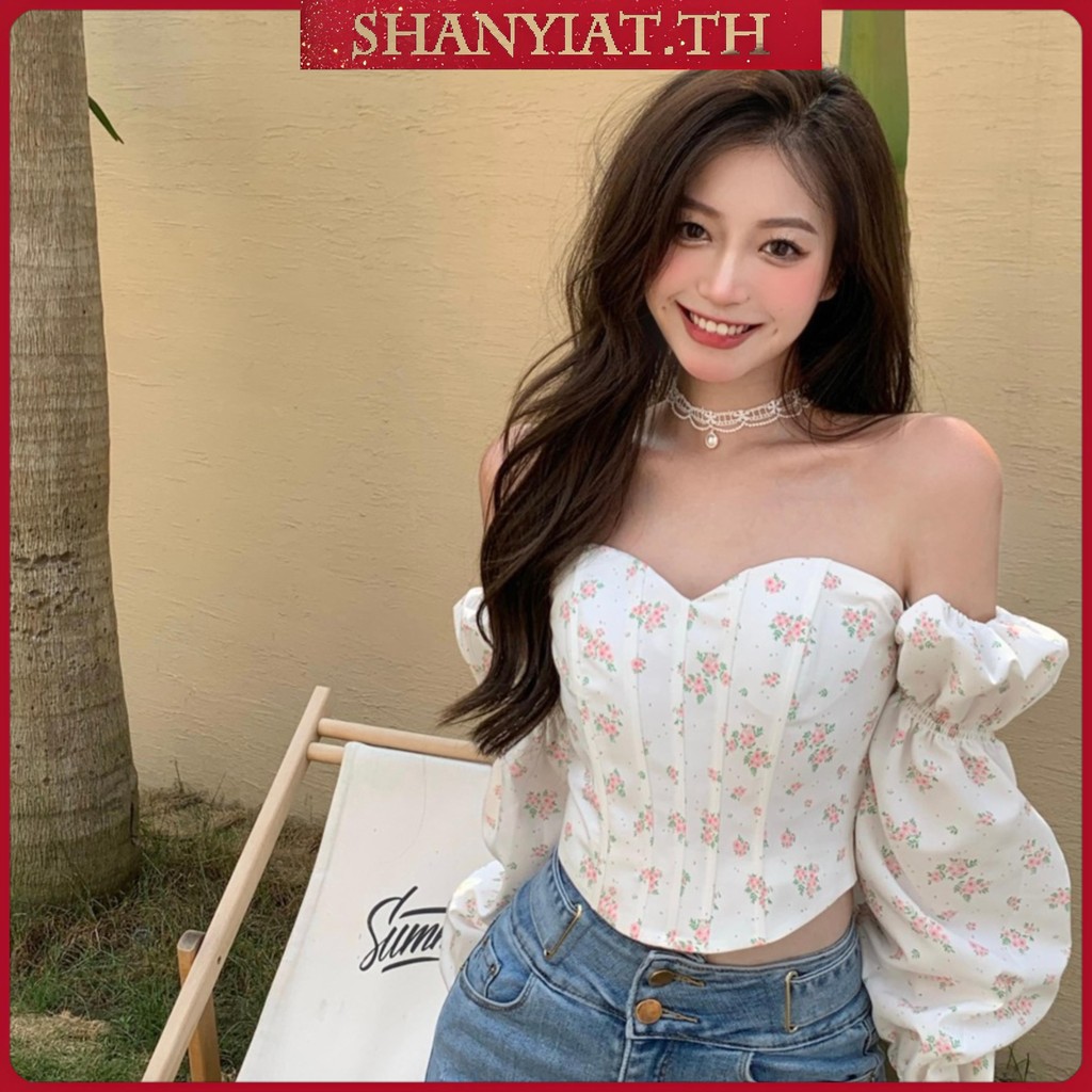 เสื้อเกาะอก เปิดไหล่ พร้อมบอกแขนทรงหลวม ลายดอกไม้ สไตล์เกาหลี สำหรับผู้หญิง