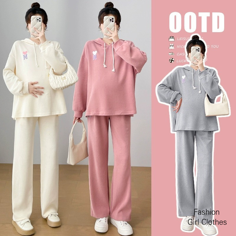ชุดคลุมท้องฤดูใบไม้ร่วงคลุมด้วยผ้าเสื้อกันหนาวคนท้องด้านบน + กางเกงคนท้องแฟชั่นสบายๆตั้งครรภ์สองชิ้นชุดคลุมท้อง