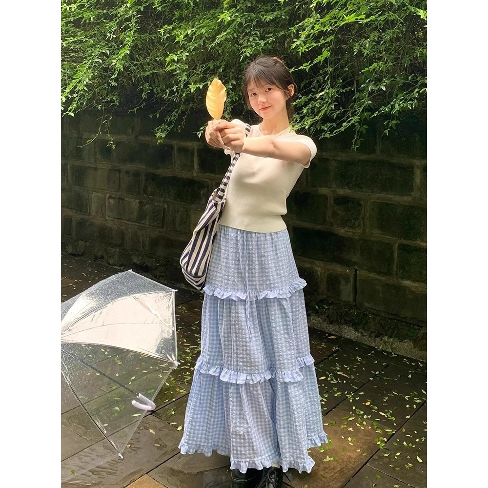Summer Cool waist Trimming Casual Girl A-Line skirt Plaid Women Design Gentle Blue and White Plaid skirt