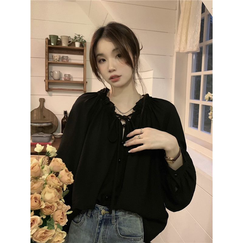 Suxi ภาษาฝรั่งเศสคํา Retro Lace Up รอบคอฤดูใบไม้ร่วงแขนโคมไฟเสื้อแขนยาว 241003