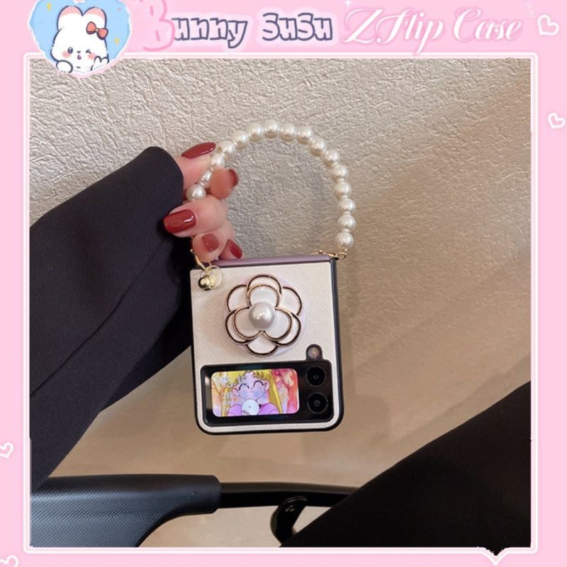 เคส Samsung Z Flip 4 - Z Flip 3 - Z Flip3 - Flip4 5G ทําจากหนัง popsocket camellia พร้อมสายมุกหรูหรา