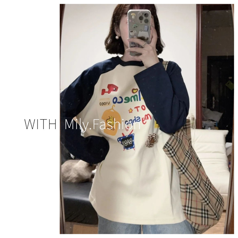 Milyfashion ผ้าฝ้ายแท้เย็บคอกลมน่ารักการ์ตูน Raglan แขนยาวเสื้อยืดผู้หญิง