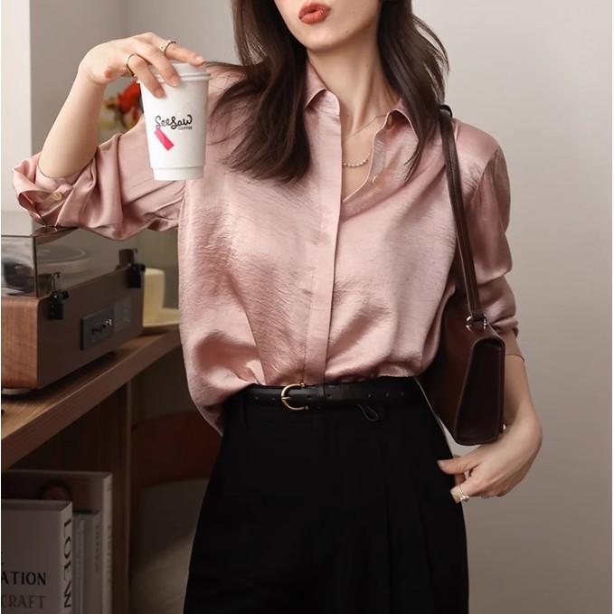 ใหม่หลายสีซาตินเสื้อสําหรับผู้หญิงแขนยาวย้อนยุคด้านบนเหมาะสําหรับ การผสมพันธุ์ หลวมพอดีขนาดบวก