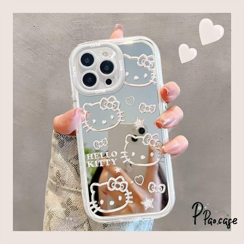 โบว์ HelloKitty ดาวกระจกแต่งหน้าเข้ากันได้เคสไอโฟน 13 16 11 15 XR 14 12 Pro Max 16 Pro 16 15 14 8 7 Plus X XS Max SE2020