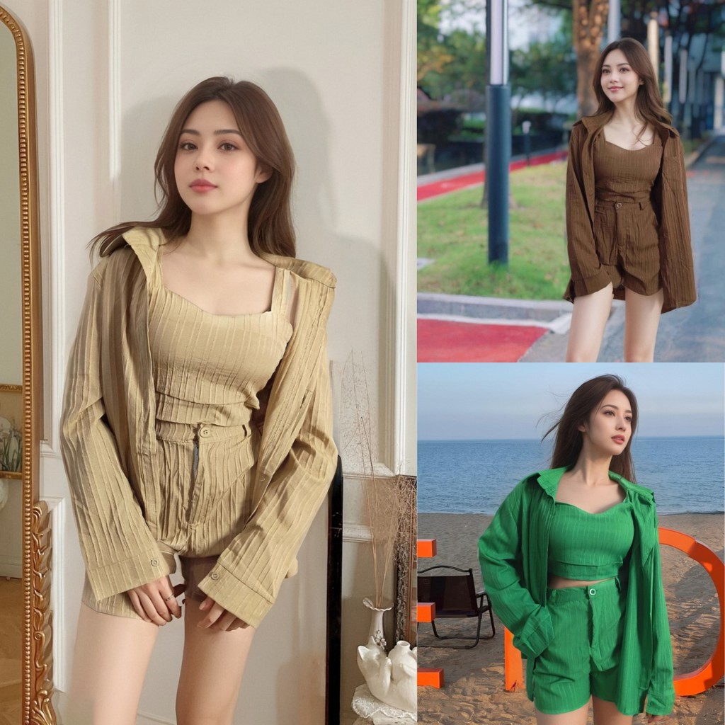 ชุดเซ็ทแฟชั่น 3 ชิ้นสไตล์เกาหลี เสื้อแขนยาว+สายเดี่ยว+กางเกง สินค้าพร้อมส่ง