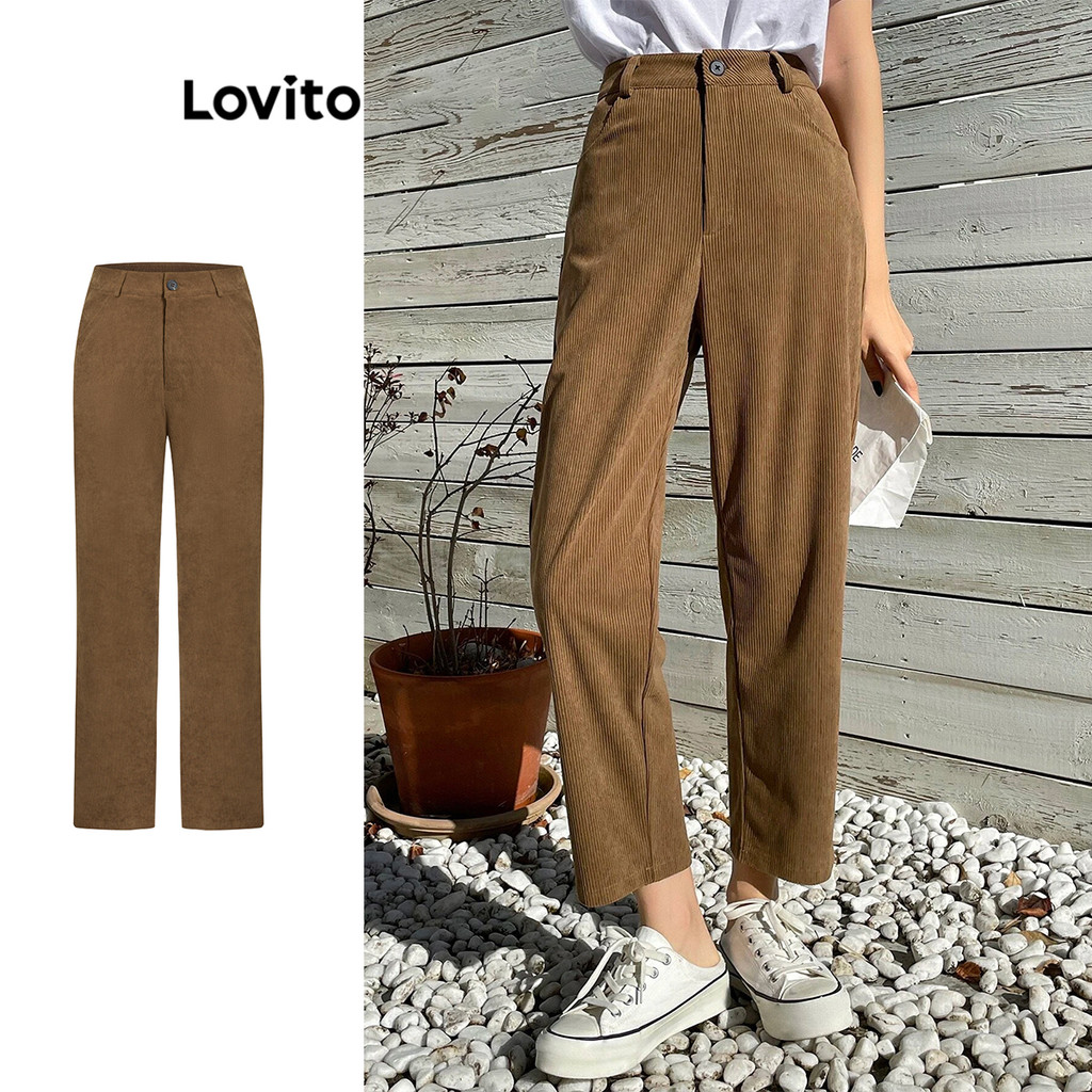 Lovito กางเกงในแบบสบาย ๆ กระเป๋าธรรมดาปุ่มกางเกงสำหรับผู้หญิง L106AD652