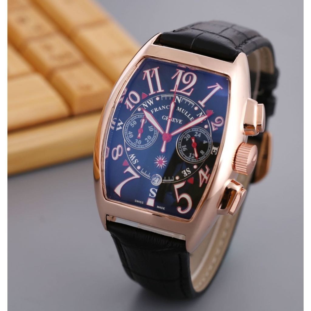 Franck MULLER FRANCK MULLER แฟชั่น Barrel-Shaped นาฬิกาผู้ชายสายหนังแท้การเคลื่อนไหวควอตซ์