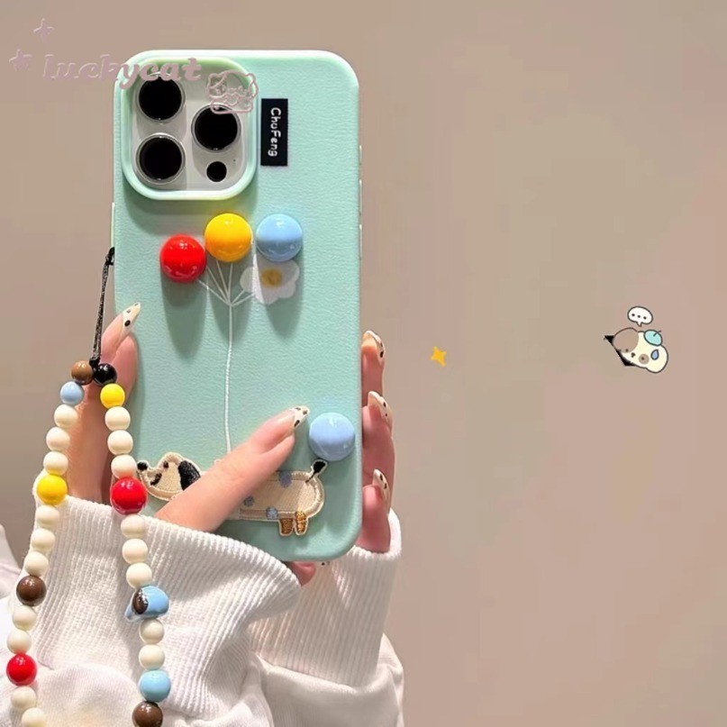 Iphone 16 15 14 13 12 11 Pro Max X Xr Xs Max เคสโทรศัพท์ 3D DIY น่ารัก Original กระเป๋าถือดอกไม้บอลลูนสุนัขหนังนุ่มกลับ + ฝาครอบลาน