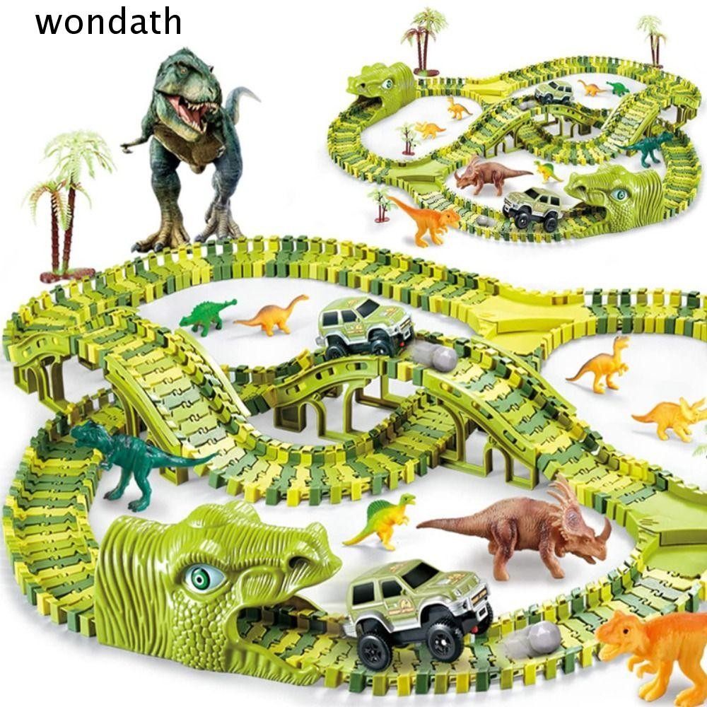 Wonda ของเล่นรถไฟไดโนเสาร์, ชุดรางรถไฟ DIY สีเขียวพลาสติก, รถอิเล็กทรอนิกส์ที่น่าสนใจที่สร้างสรรค์สําหรับเด็ก