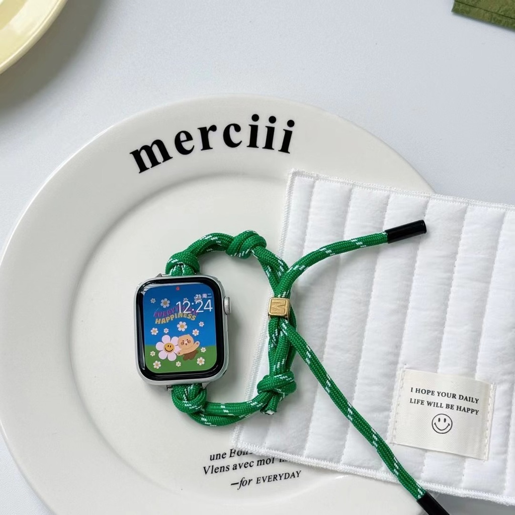 Miumiu เชือกไนลอนถักสําหรับ Apple Watch series 10 46 มม.Ultra 2 49 มม.45 มม.41 มม.44 มม.42 มม.สร้อยข้อมือสําหรับ iWatch 9 8 7 6 5 4 SE 3 2 1 อุปกรณ์เสริมสายรัด