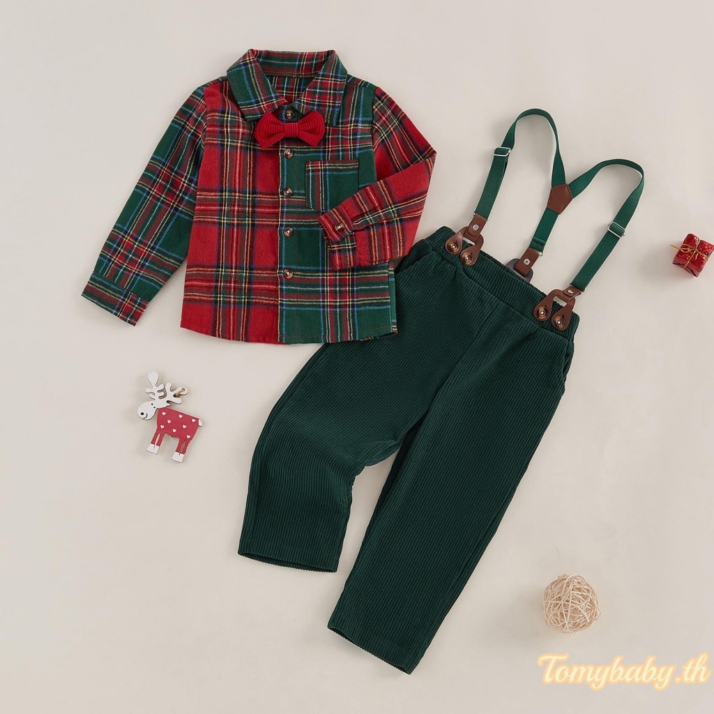Tomybaby-ชุดสุภาพบุรุษคริสต์มาสเด็กชายลายสก๊อตพิมพ์ปุ่มเสื้อแขนยาว + ชุดกางเกงแขวน