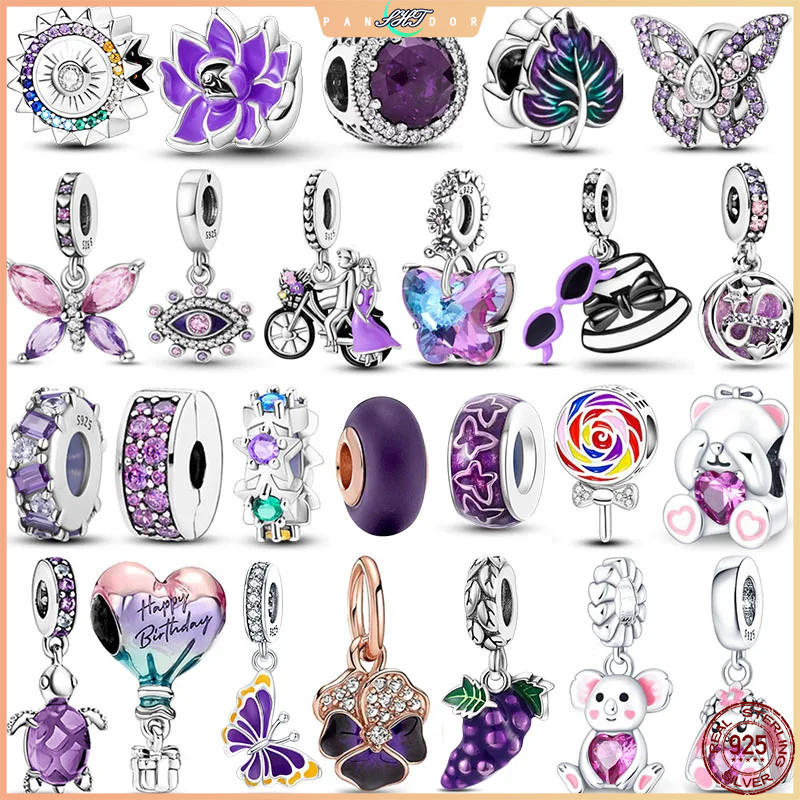 ใหม่ 925 เงินสเตอร์ลิงลูกปัดสีม่วงดอกไม้ Dangle Charm Fit Original  ยี่ห้อสร้อยข้อมือและสร้อยคอเครื่องประดับของขวัญทํา