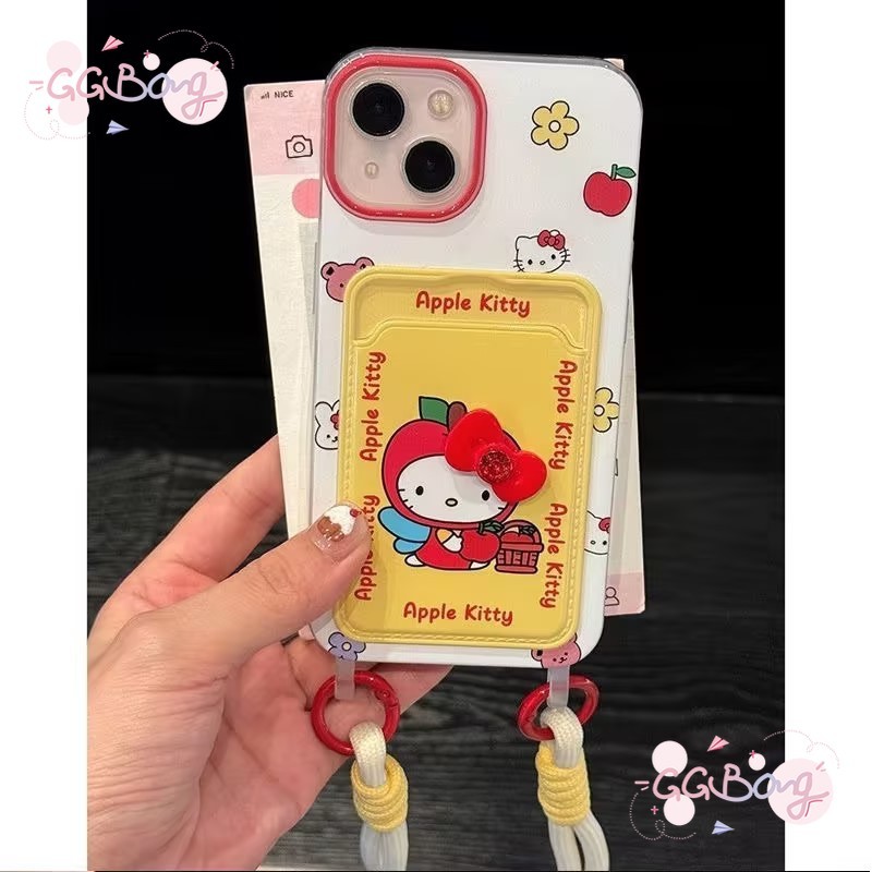 เคสใส่บัตรแบบมีช่องใส่รูปดอกไม้ Hello Kitty สายคล้องสองเส้น เคสไอโฟน 11 15 13 16 XR 14 12 Pro Max 7 15 8 Plus X XS Max