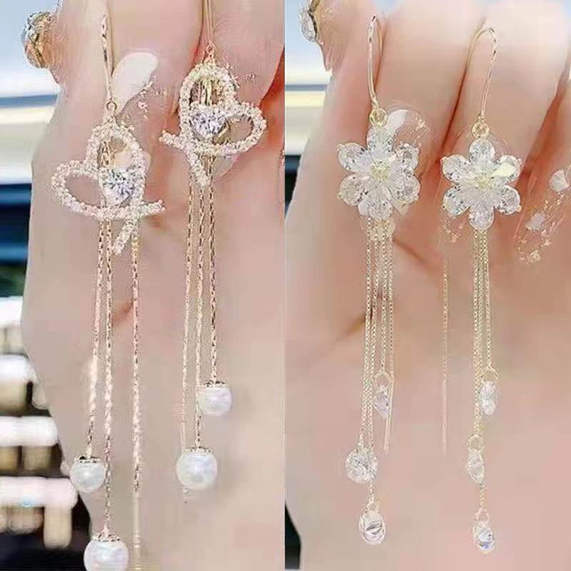 ต่างหูสายสร้อยทรงยาวสำหรับผู้หญิงต่างหูแบบกระพริบสำหรับผู้หญิงต่างหูพู่ป้องกันการสูญหายแบบใหม่ปี2024