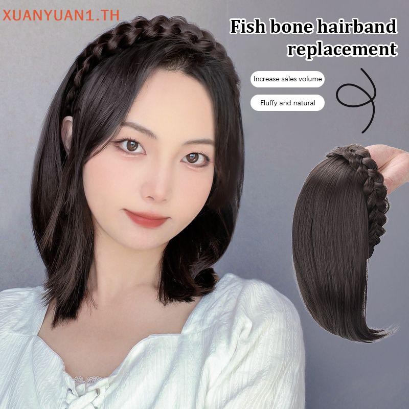 XUAN วิกผมสั้นสำหรับผู้หญิง พร้อมกระดูกปลาและแพทช์ ผมเครื่องประดับ TH