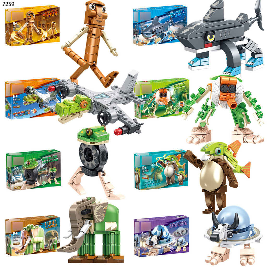 Trralero Tralala Tung Tung Sahur Building Blocks Shimpanni Bananni บล็อกรูปอิตาเลี่ยน Brainrot อาคารของเล่นของขวัญสําหรับชายหญิงผู้ใหญ่ตกแต่งโต๊ะ