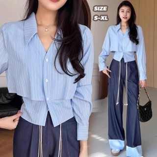 mimi&didi#เสื้อครอปคอปกลายทางแขนยาว ผูกเอว เสื้อเชิ้ตสีฟ้า ไ…